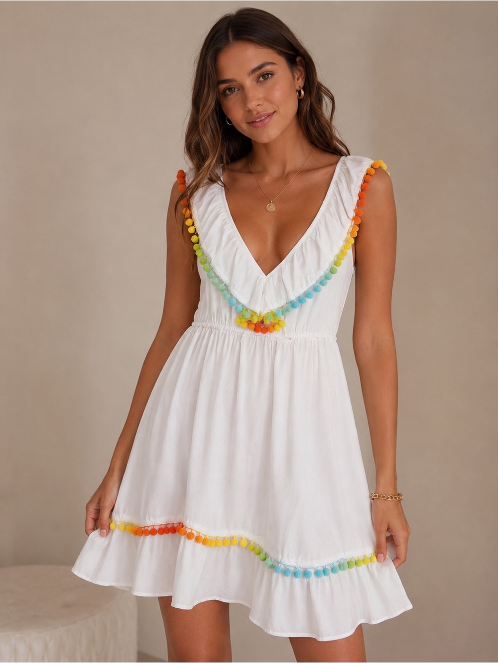 White Mini Dress with Rainbow Pom-Pom Trim